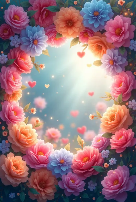 circular flowery background with flashes of light and floating hearts 