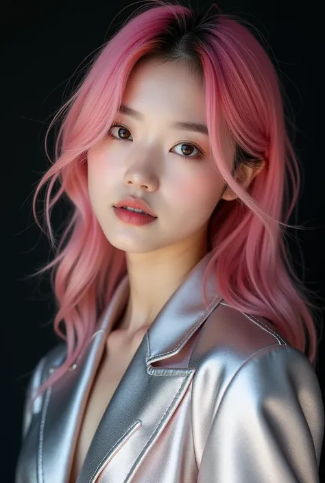 A  old Korean girl with pink hair, silver and pretty clothes, posing for a kpop Photoshop with a black background