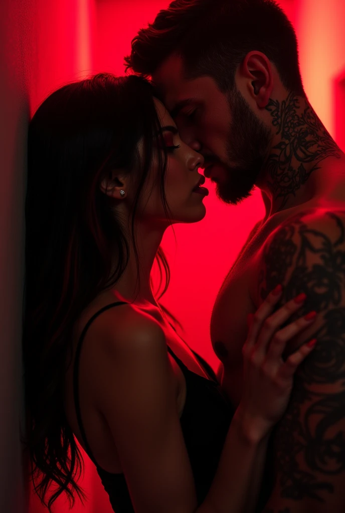 female, long black hair with red tips, is pressed against the wall by a man in a black suit. he is muscular, has tattoos on his hands and neck. he can only be seen from behind. sensual scene his hand on her neck. her lips slightly open, a room with red lig...