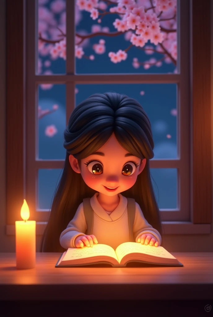 Cartoon 3D image:"The same young woman inside a candlelit room, reading a glowing book on a wooden table. Golden letters appear magically on the pages, while the window behind her reveals cherry blossoms swaying in a gentle night breeze."