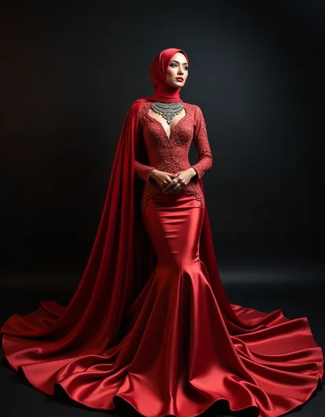 An turk woman in glamorous mermaid evening dress, long ballon sleeve bolero, long satin scarf wrapped around her arms, wear jewellery, wear modern satin hijab, entirety of fabric over dress about 7 meters in length trailing dramatically, glamours style, ov...