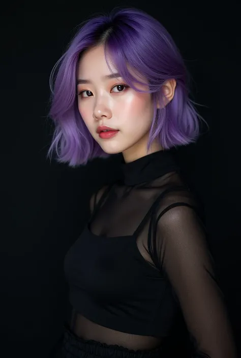 A  old Korean girl with purple hair, black and pretty clothes, posing for a kpop Photoshop with a black background