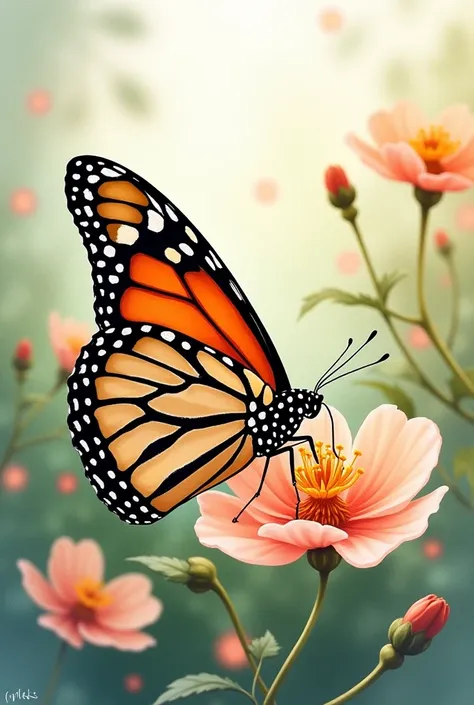 Monarch butterfly corner with peach watercolor style flowers