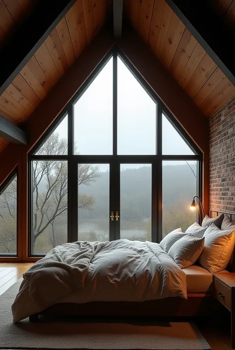 A cozy attic bedroom with a large window overlooking a rainy landscape, featuring a bed with neutral toned bedding, wooden walls, exposed beams, and a brick accent wall.  The scene evokes a sense of tranquility and a stormy day through the large panoramic ...