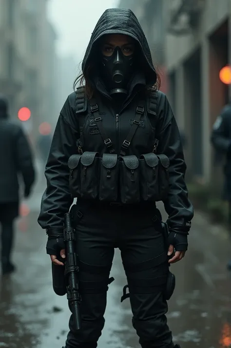 Woman in black clothes wearing Call of Duty mask 