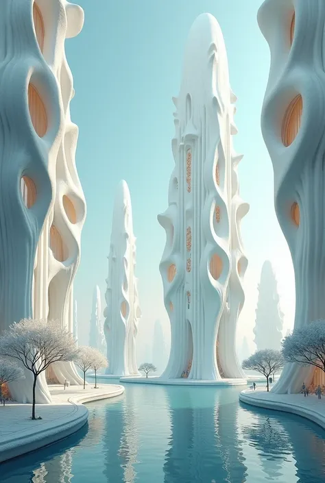  there are lots of white trees , growing out of water ,  futuristic architectural art,  futuristic structures ,  futuristic architecture,  futuristic utopian architecture ,  futuristic architecture concept, Futuristic décor,  alien architecture ,  futurist...