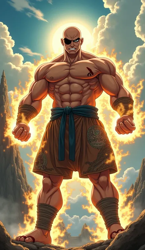 "A towering Dragon Ball Z-style anime character inspired by Sagat from Street Fighter 2, illustrated in the Dragon Ball Z art style. He has a bald head, a distinct pirate-style eyepatch over his right eye, and a deep, vertical scar across his muscular ches...