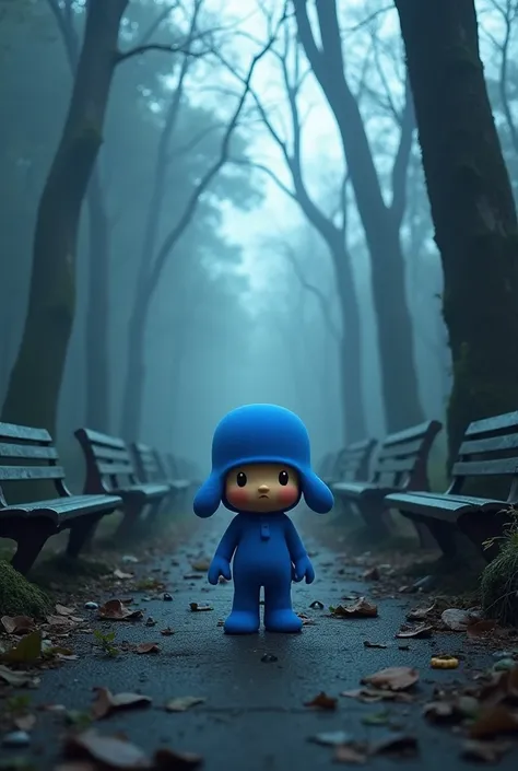  Pocoyo in front of the abandoned park, with dark lighting