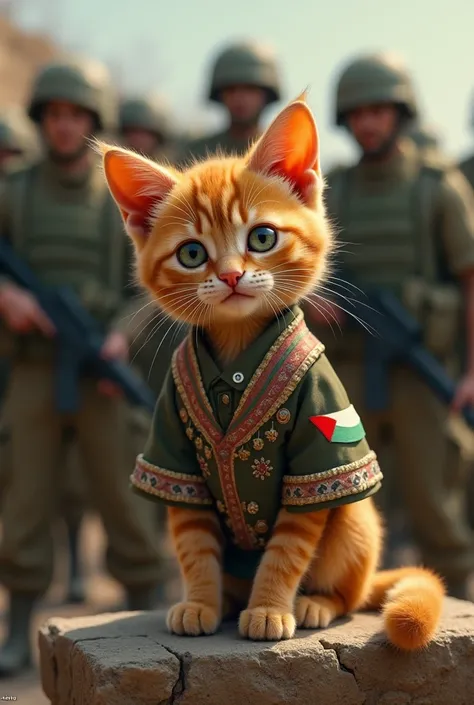 A very small orange cat wearing a Palestinian shirt with soldiers behind it 