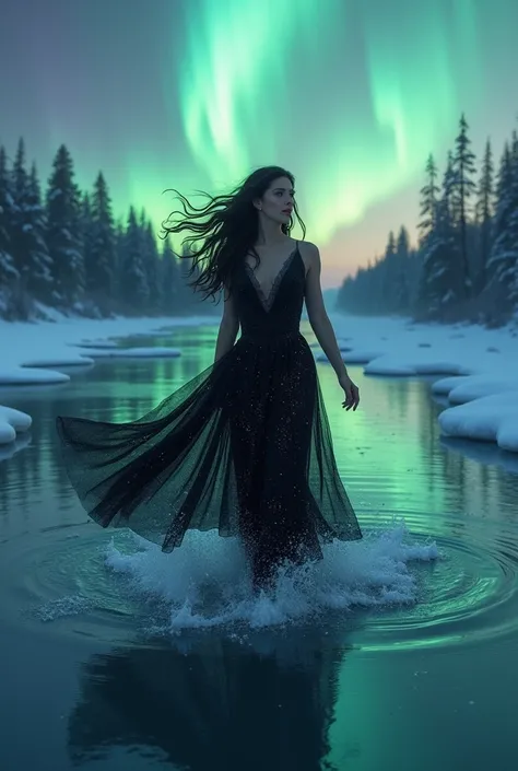 ice skate brunette goddess in a frozen river, its night with boreal aurora, she is smiling and free, with a black sparkle dress 