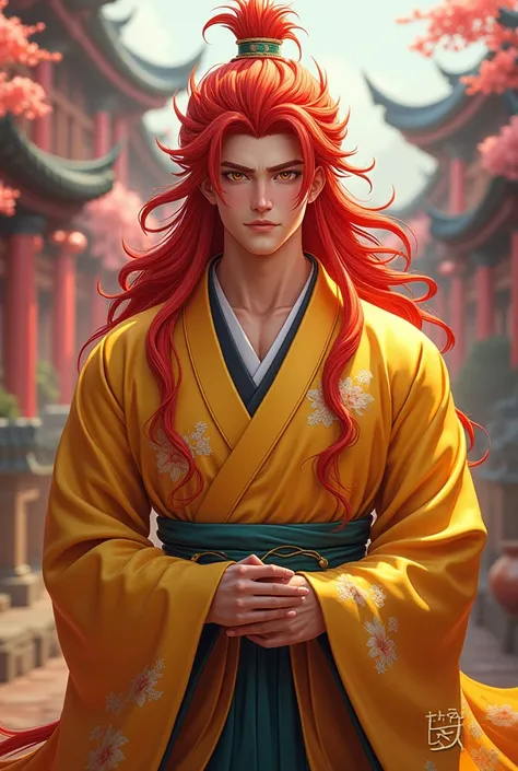 A guy with long red hair in a yellow kimano in the style of Chinese 3D anime