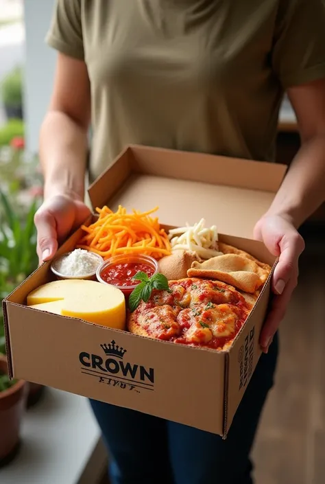 Design a cover picture for a food distribution business named Crown Food. The cover should depict a hand holding an open big package hold by someone and hand is visible that clearly displays a variety of food items, including cheese, flour, pizza sauces, d...