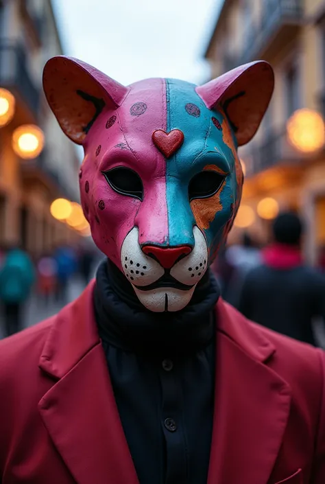  At the carnival in Olinda a man wears a pink panther mask half a face the mouth seems, On the forehead a heart. A mascara é de papel machê