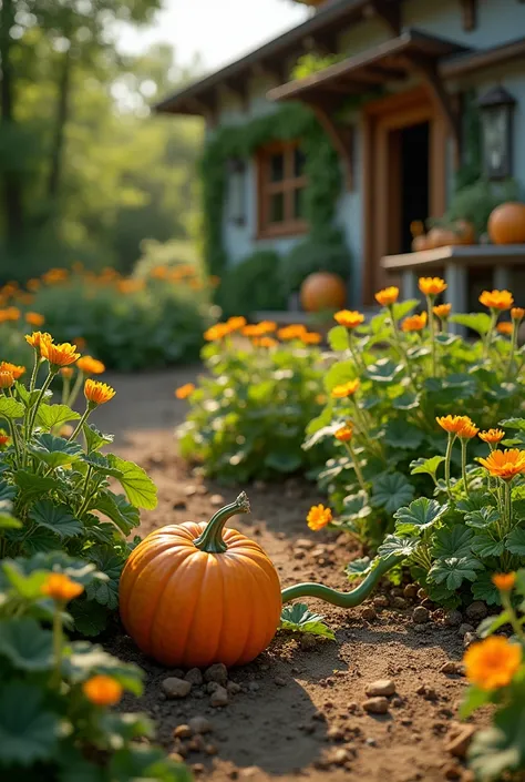 A pumpkin vine with flowers on the ground at backyard kitchen garden