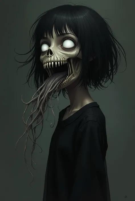 image,  illustration, 4k, A girl,  short hair, negro,  with bangs,  Demon Horns . white eyes, A hundred feet come out of his mouth,  black dress, Half of the face is a skull 