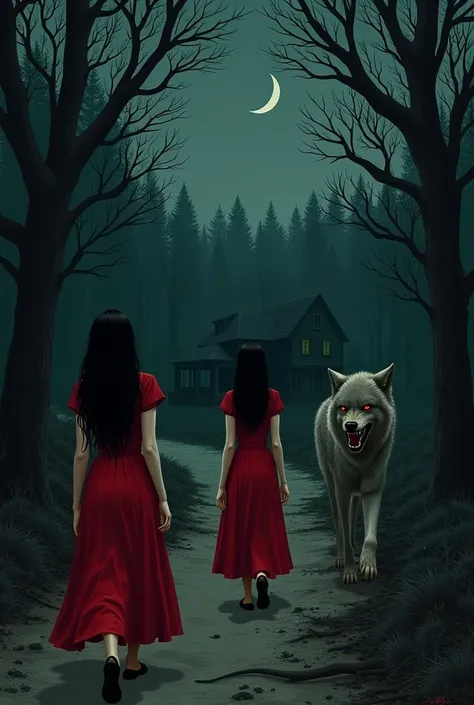 Girls walk in the forest wearing a red dress in the forest. At night, they see a dead wolf smiling with an evil smile with a house behind them a distant house 