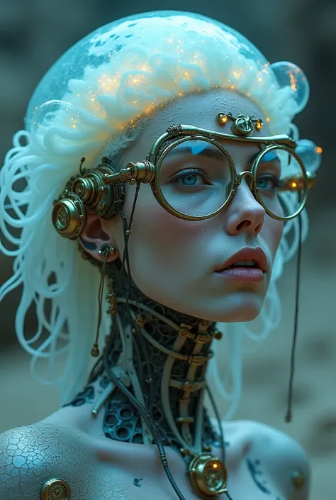 Ethereal Cyborg Woman, bioluminescent jellyfish tiara.  Steampunk glasses fuse with translucent tentacles . Cracked porcelain skin meets iridescent scales. Mechanical implants and delicate tendrils intertwine. Human characteristics with an otherworldly glo...