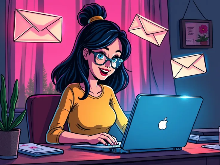 Comic-style woman at home working on a “Laptop” with glowing neon “Email Welcome Campaign” effects with floating emails