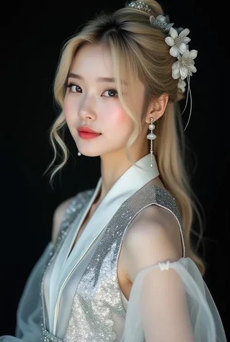 A  old Korean girl with blond hair, silver and pretty clothes, posing for a kpop Photoshop with a black background