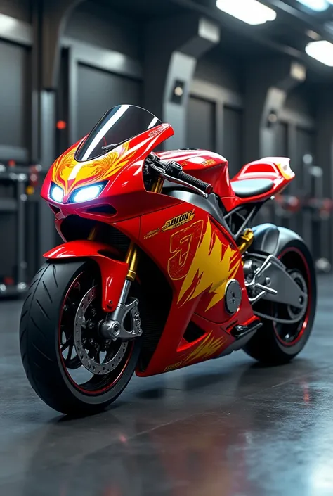 Create an image of a motorcycle with a McQueen lightning drawing 