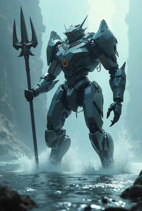 cypherpunk,The mech holds a trident,water