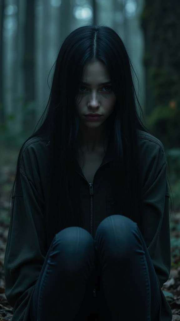  Create a realistic animation adult woman long black hair and brown eyes,  sitting in a dark and dark forest , looking down with eyes filled with tears ,  while surrounded by dark and dark shadows around you . 
  man,  ultra quality,  maximum quality, 8k, ...