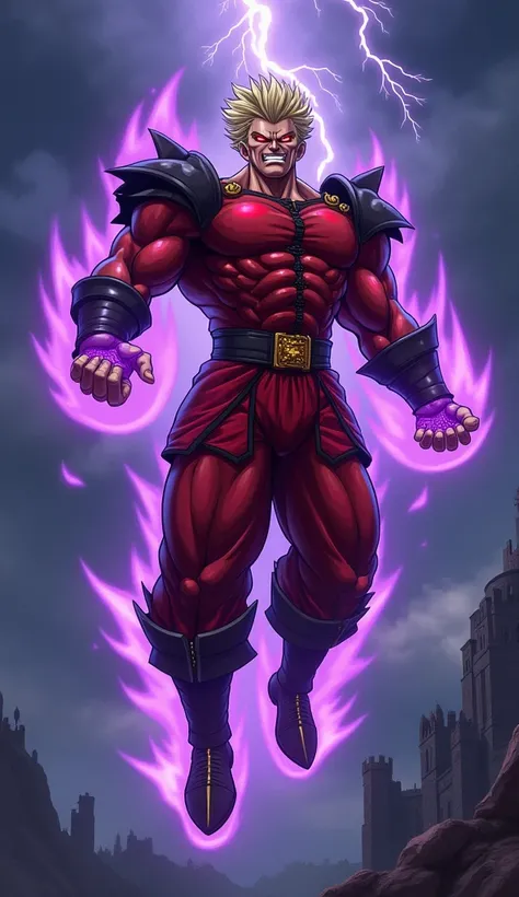 "A Dragon Ball Z-style anime character inspired by M. Bison from Street Fighter 2, depicted in the Dragon Ball Z style. He has a muscular build, glowing red eyes, and a menacing grin. His iconic red military uniform is enhanced with sharp armor details. Hi...