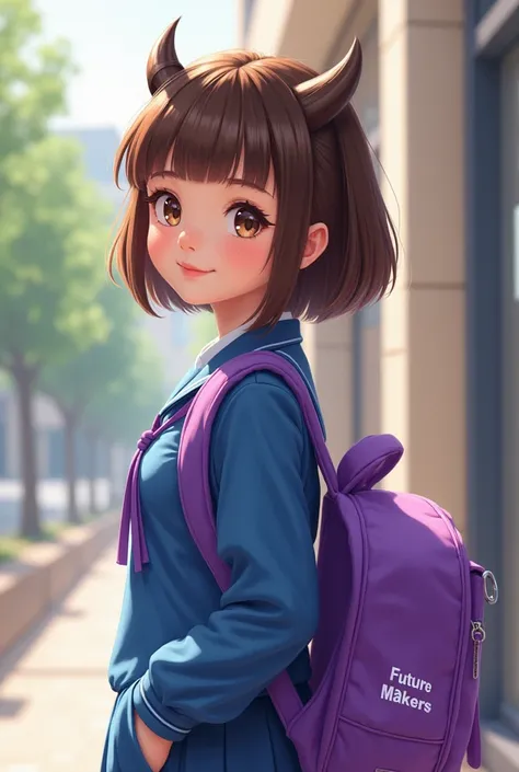 Une fille de 9 ans brune avec une coupe de cheveux avec de cornes et luniforme scolaire bleu qui porte le nom de Future Makers portant son sac a dos violet