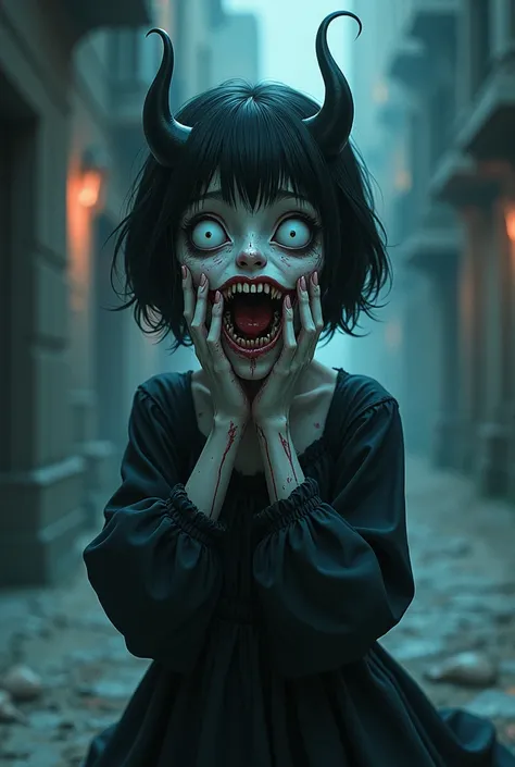 image,  illustration, 4k, A girl,  short hair, negro,  with bangs,  Demon Horns . white eyes, A hundred feet come out of his mouth,  black dress, Half of the face is a skull, You touch your face with your hands, (Three-quarter perspective ) 