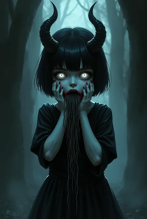 image,  illustration, 4k, A girl,  short hair, negro,  with bangs,  Demon Horns . white eyes, A hundred feet come out of his mouth,  black dress,  half of the face is a skull, You touch your face with your hands, (Three-quarter perspective ) 