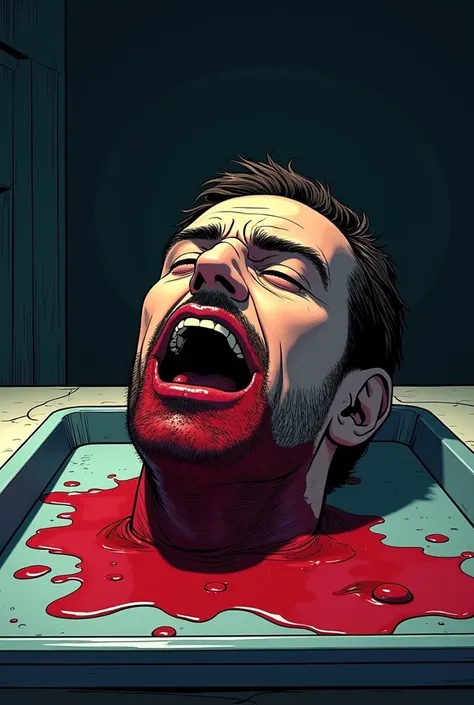  a man with his severed head filled with blood  ,On a tray  ,  in the format of a Marvel-style animated comic strip 