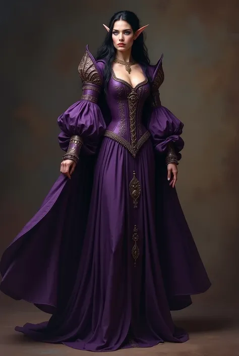 tall, middle-aged woman countess, purple medieval clothes, menacing gaze, broad shoulders, sophisticated figure, beautiful physique, elven ears, black hair, violet eyes, cold gaze, Renaissance style painting