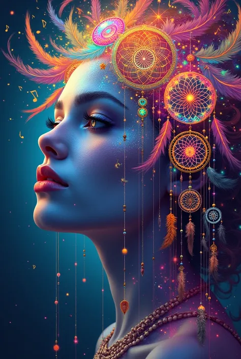  AN IMAGE WITH COLORFUL DREAMCATCHERS WITH DETAILS OF RAVE IMAGES , AN IMAGE ALSO OF A PSYCHEDELIC MALE AND FEMALE FACE AND MUSICAL DETAILS FROM THE PSY TRANCE CULTURE, TO FORM THE COVER OF A SET 