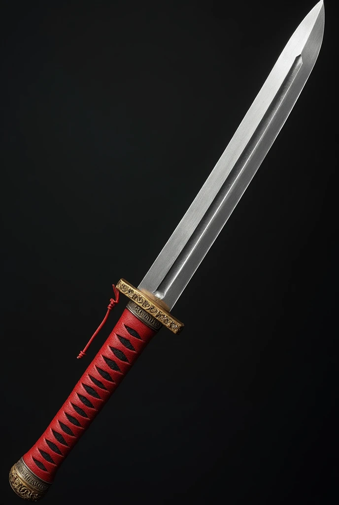  Create a daitō katana with a silver blade , made of polished heavenly bronze ,  has subtle notches that form scale designs along its length.  The guard is straight and carved in imperial gold ,  while the anatomical grip is covered in red leather ,  provi...