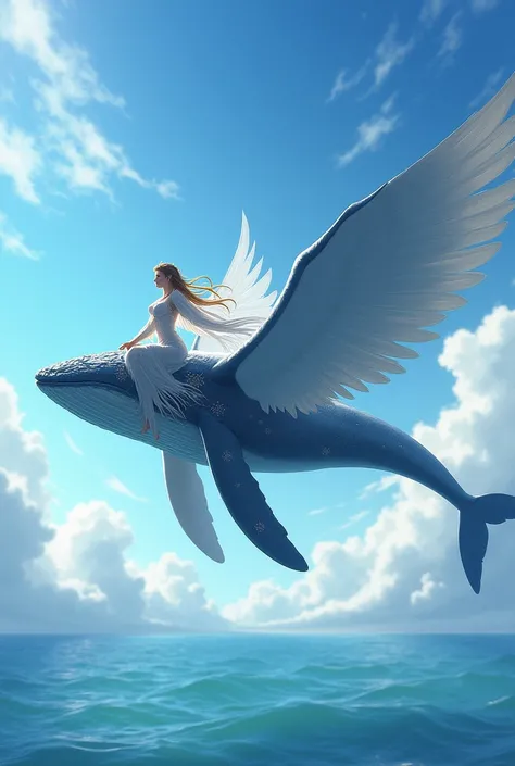 A  rides on a whale with wings and flies