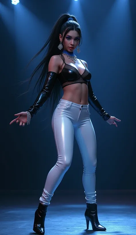 (photorealism:1.2), kaisa, all out, white shiny high ways leggings, black high heels, black leather crop top with a laced or net-like pattern at the chest, blue chocker with diamonds on it, diamond shape ear ring, long blue arm sleeves, dark hair, high pon...