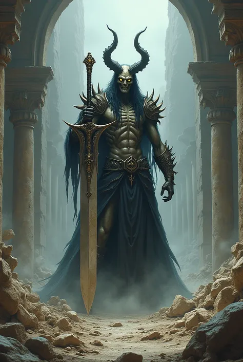 Demonic warrior . Hes holding a giant sword .  Hes in skeletal ruins 