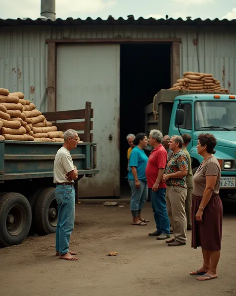  Tired people waiting for them to open the door of a factory. Look up barefoot ren .  Women buying at a fair .  A parked truck loaded with rolls for the factory .  A cachaça tractor loaded with yerba mate .  Many faces of grieving 