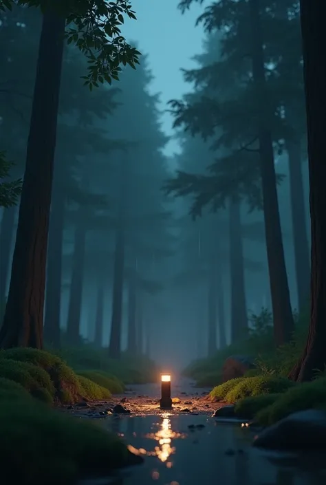 A rainy day in a forest and only a flashlight can be seen on the Roblox floor