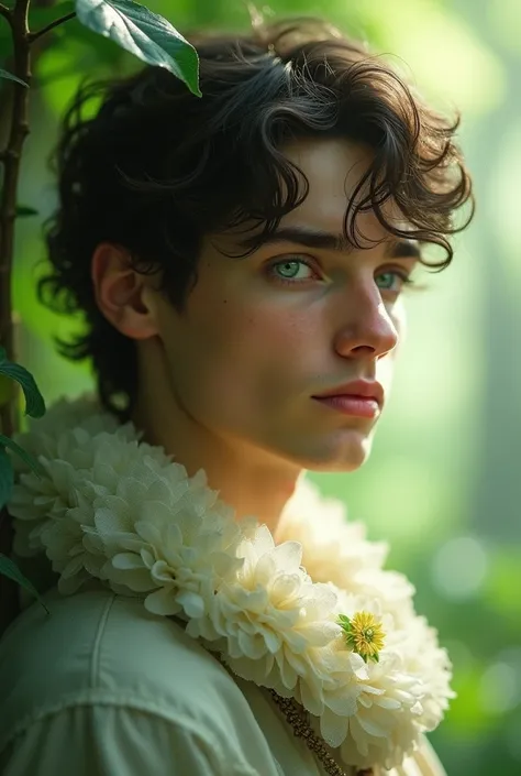 Teenage Caucasian male,  white skin , no beard,  bright green eyes,  dark brown hair, face and features perfect soft lips sculpted,  maxillary and well-defined cheekbones divine beauty, Divine Aura, in a beautiful forest
