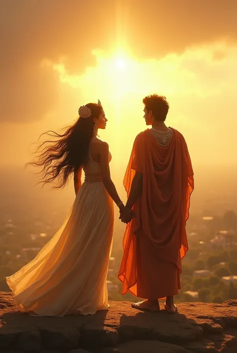 A symbolic scene of Queen Somya and King Raghav standing side by side, looking at their kingdom, with a glowing aura around them, representing love, sacrifice, and duty.