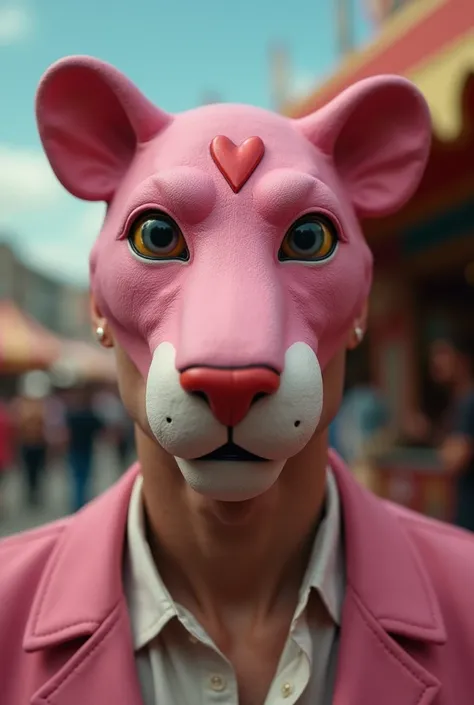  Create an image of a man at Carnival ,  using only a pink panther mask that goes up to half of his face,  leaving his mouth exposed , on natural skin .  On the mask a heart on his forehead or nose . 