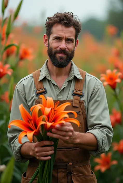 mâle, 38 ans,droit, cheveux courts, cheveux bruns, cheveux bouclés, Barbe complète, Pureté, profession de charpentier, vêtements de charpentier, se concentrer, visage et mains, paysage de fleurs variées, lys, hands holding bunch of lys, 8K, brute, St. jose...