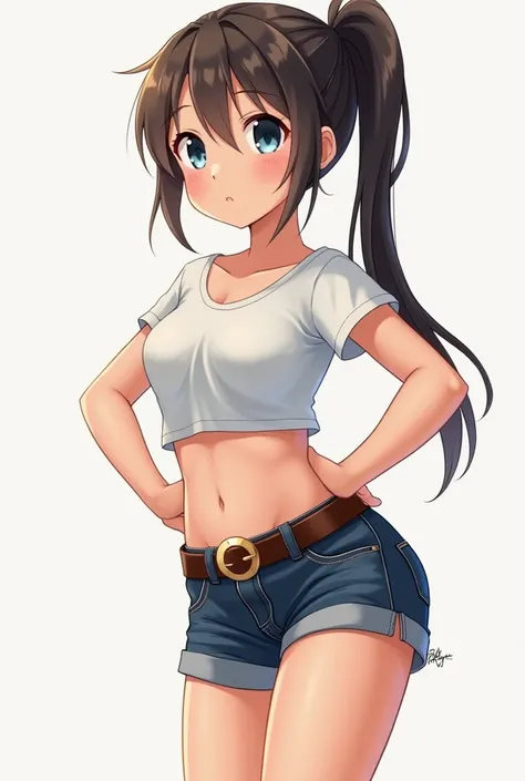 A young girl in shorts ，There is a belt on the shorts ，There is a round driver on the belt。Cover your crotch with your hands, behind, ass