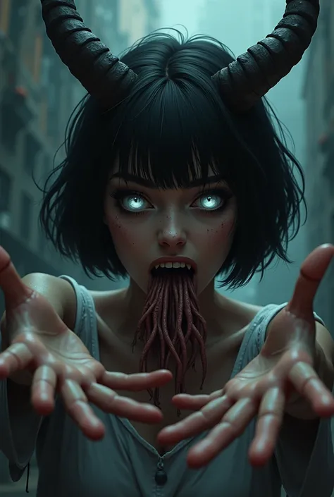 image,  illustration, 4k, A girl, (adult)  short hair, negro,  with bangs,  Demon Horns . white eyes, A hundred feet come out of his mouth, Touch your face lightly with both hands, Three-quarter perspective
