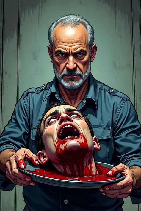 Close up of an Israeli man with a severed head filled with blood ,On a tray  ,  in the format of a Marvel-style animated comic strip 