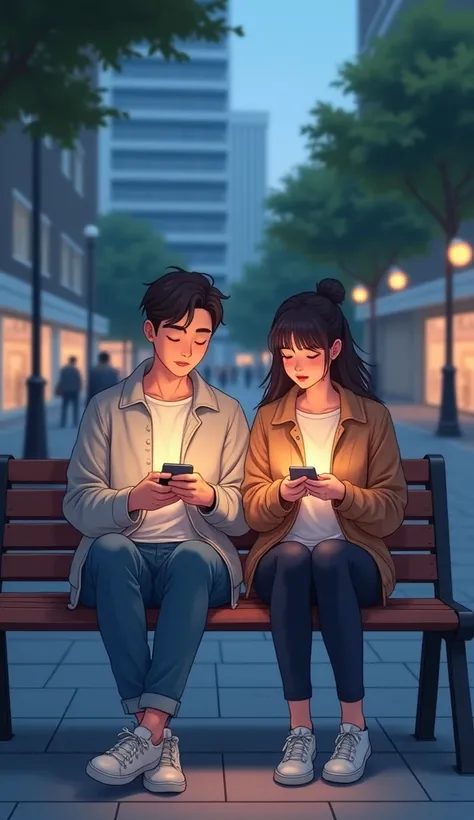 An anime A modern young couple sitting side by side on the same bench, each engrossed in their smartphones, barely acknowledging each other.