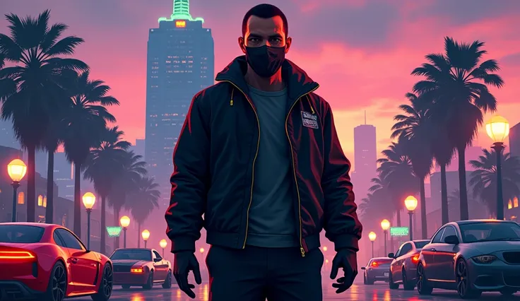 GTA-style Your character is in the center,  wearing a black jacket ,  black pants ,  black mask and black gloves from GTA Online .  Against the background of famous Los Santos places with dynamic elements,  logo like cars .

text:  Main title : "Starting F...