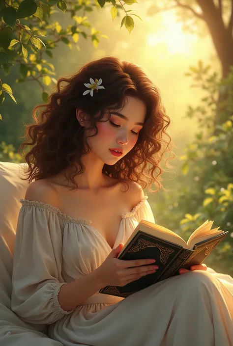 Illustration of a woman with curly hair reading a book in the sun 