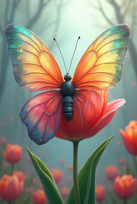 Create a picture where half is a butterfly and the other half is a tulip